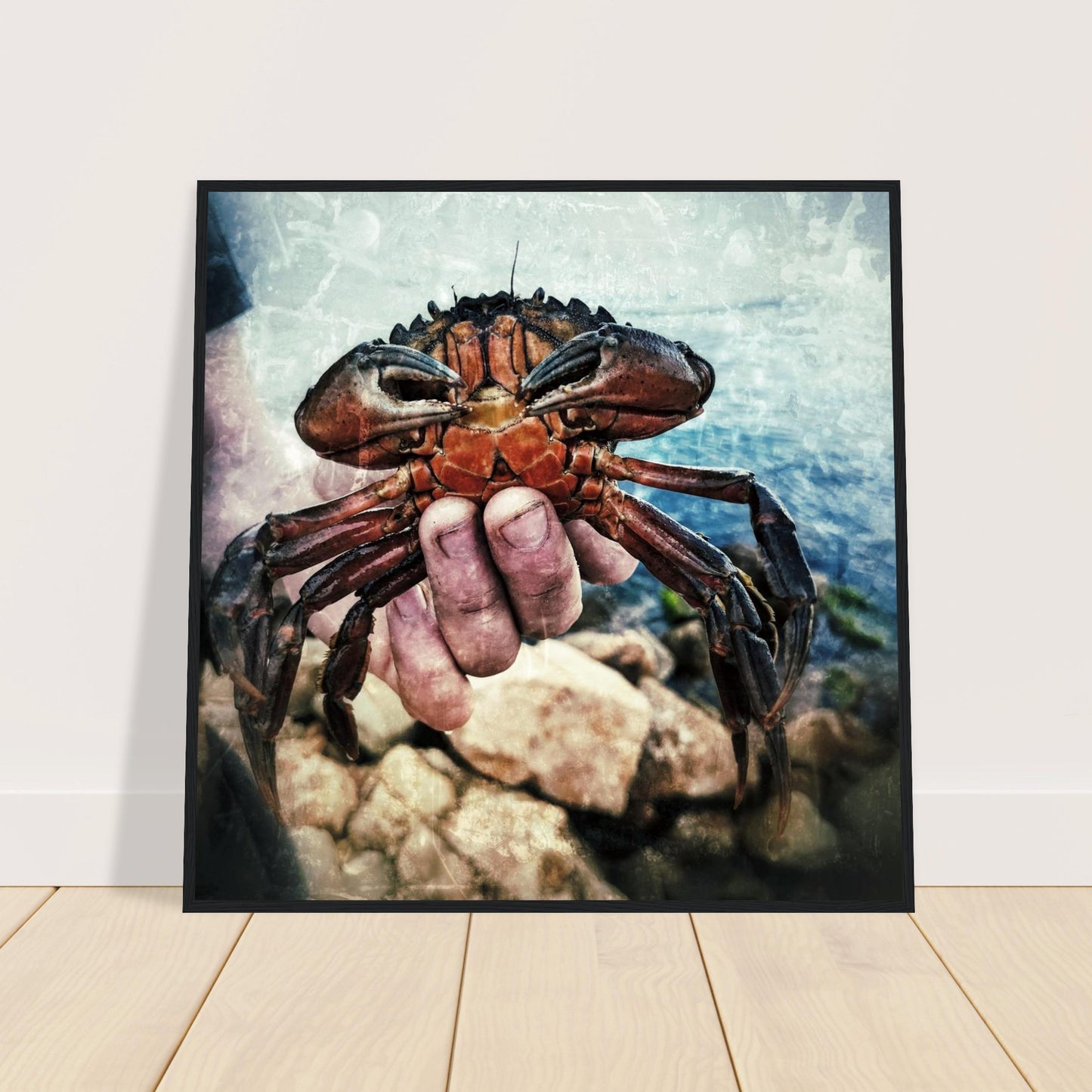af83e8f7-f47a-4198-8146-0437d0e8e581
Art print of a sand crab taken in Lakes Entrance, Victoria. Ahigh contrast, stylized image. The cra is being held by a person, hazy background of blue, the crab is bright orange with hints of black